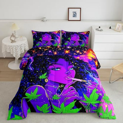 Smoke Cool Girls Comforter Set Queen Size for Teens Adult,Marijuana Leaf Bedding Sets 3Pcs Boys Woman Room Decor,African Girl Americans Down Comforter Trippy Hippie Style Quilted Duvet,2 Pillowcases