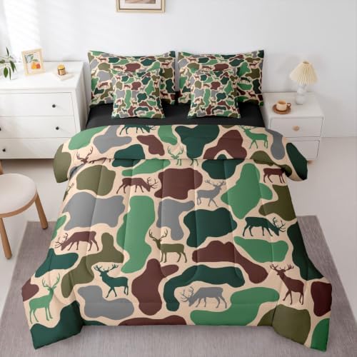 Erosebridal Camo King Comforter Set with Sheets 7 Piece Deer Hunting Bed in A Bag Army Green Military Camouflage Bedding Sets Rustic Country Wildlife Bed Set