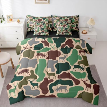 Erosebridal Camo Full Comforter Set with Sheets 7 Piece Deer Hunting Bed in A Bag Army Green Military Camouflage Bedding Sets for Kids Boys Girls Rustic Country Wildlife Bed Set