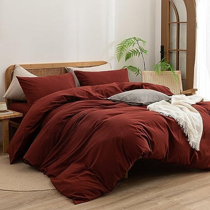 BESTOUCH Cotton Solid Duvet Cover Set Linen Feel Fired Brick Red Full