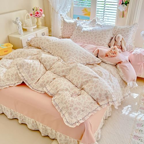 LifeTB Pink Floral Duvet Cover Set King, 100% Cotton Peach Flower Pattern Romantic Ruffle Comforter Cover, Vintage Cottagecore Botanical Duvet Cover, Aesthetic French Style Princess Lace Bedding Set