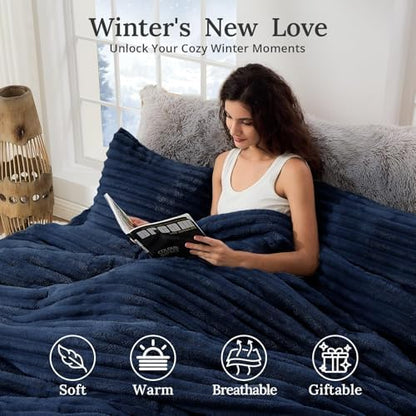 Sasttie Fluffy Queen Comforter Set, 3 PC Soft Fleece Bedding, Marine Blue