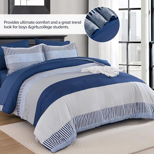Cottolester Navy Blue Comforter Set Queen Size,Boho Striped Comforters for Boys&Girls,7 Pieces Bed in A Bag Simple Neutral-Style Bedding Sets for Kids Teen