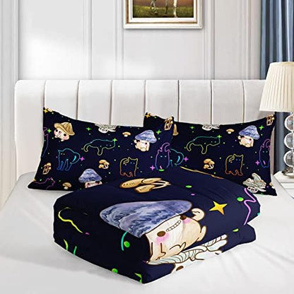 Mushroom Kawaii Cat Comforter Set Queen Size Kids Mushroom Bedding Set Star Theme Quilt Bed Set for Boys Girls Adults with 1 Comforter and 2 Pillowcases
