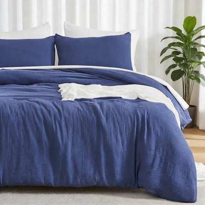 EMME Muslin Cotton Duvet Cover Set Linen Like Navy King