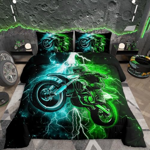 Feelyou Racing Motocross Rider Kids Bedding Set,Boys Girls Queen Size,Dirt Bike Comforter Set,Blue and Green LightningUltra Soft Duvet Quilt,Extreme Sports Comforter Colorful Modern Bedroom Decor