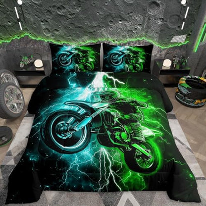 Feelyou Racing Motocross Rider Kids Bedding Set,Boys Girls Queen Size,Dirt Bike Comforter Set,Blue and Green LightningUltra Soft Duvet Quilt,Extreme Sports Comforter Colorful Modern Bedroom Decor