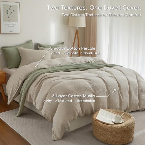 PHF 100% Cotton Muslin Duvet Cover Queen Size 3-Layer, 90"x90", Taupe