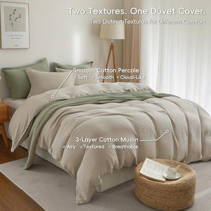 PHF 100% Cotton Muslin Duvet Cover Queen Size 3-Layer, 90"x90", Taupe