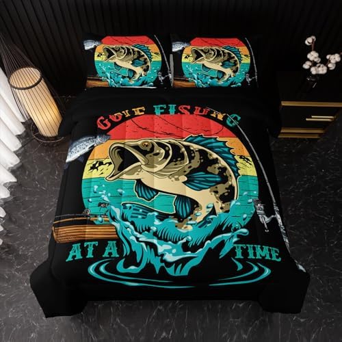 Nttopship Big Pike Fish Comforter Set,Bass Fishing Comforter Set for Boys Girls Children Fishing and Hunting Room Decor King Size with 2 Pillow Case