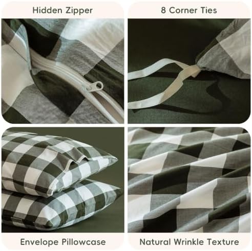 JIYUAN Queen Washed Cotton Duvet Cover Set, 3-Piece, Buffalo Check