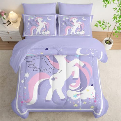 7Pcs Comforter Set Cartoon Purple Unicorn Printed Bedding Set with 1 Comforter,1 Flat Sheet,1 Fitted Sheet and 4 Pillowcases for Boys and Girls Bedroom All Season(Full)