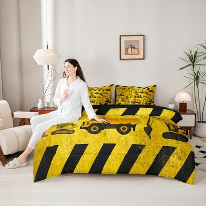 Erosebridal Kids Construction Twin Size Comforter Set, Boys Cartoon Car 7-Piece Bed in A Bag, Cartoon Machinery Truck Sheets and Pillowcases, Yellow Tractor Excavator Bedding Set Room Decor