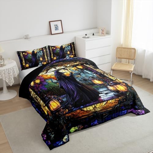 Fairy Witch Kids Comforter Set King Size,Halloween Lamp Gothic Magical Castle Bedding Set,Girls Boys Room Decor,Geometric Patchwork Glass Painting Quilt Comforter,Retro Duvet Insert,2 Pillowcases