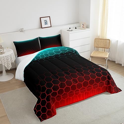 Red Blue Ombre Bedding Set Queen, Geometric Honeycomb Comforter Set Abstract Ombre Honeycomb Comforter Beehive Hexagon Duvet Set with 2 Pillow Case