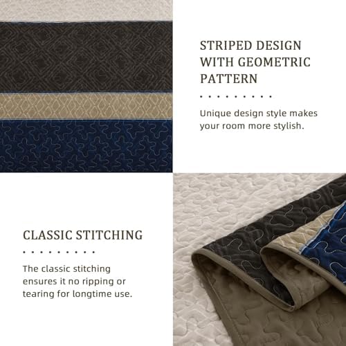 Cottolester Quilt Set Full,Brown Blue Striped Plaid Bedspread Coverlet Set