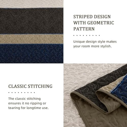 Cottolester Quilt Set Full,Brown Blue Striped Plaid Bedspread Coverlet Set