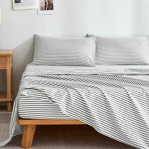 JELLYMONI 100% Cotton Queen Sheet Set, Gray Striped