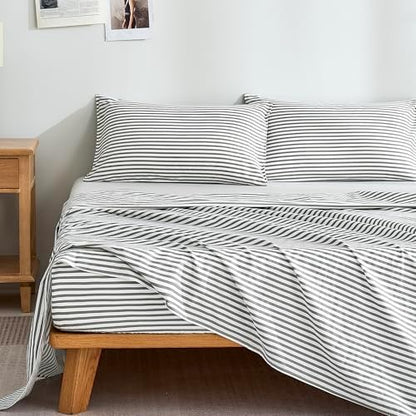 JELLYMONI 100% Cotton Twin Sheet Set, Gray Striped