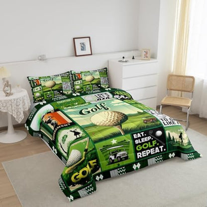 Manfei Golf Comforter Set Queen Size, Fashion Sports Theme Quilt Set with 2 Pillowcases, Green Lattice Patchwork Bedding Set 3pcs for Kids Boys Teens Bedroom Decor Ball Gaming Duvet Insert