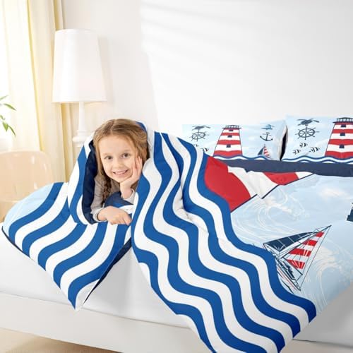 Homewish Lighthouse King Size Comforter Set,Kids Navigation Theme Decor All Season Bedding Set,Teens Anchor and Rudder Comforter,Blue Red Decor Quilt Set Bedroom Collection 3Pcs