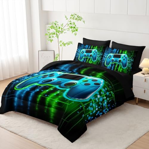 7Pcs Gamer Comforter Set 3D Gamepad Printed Bedding Set with 1 Comforter, 1 Flat Sheet, 1 Fitted Sheet and 4 Pillowcases for Boys and Girls Bedroom (Gamepad Queen