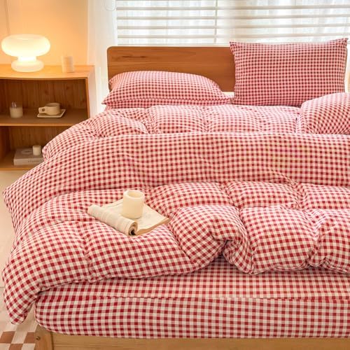 NSNLGSGC Red Gingham Duvet Cover Set, Twin