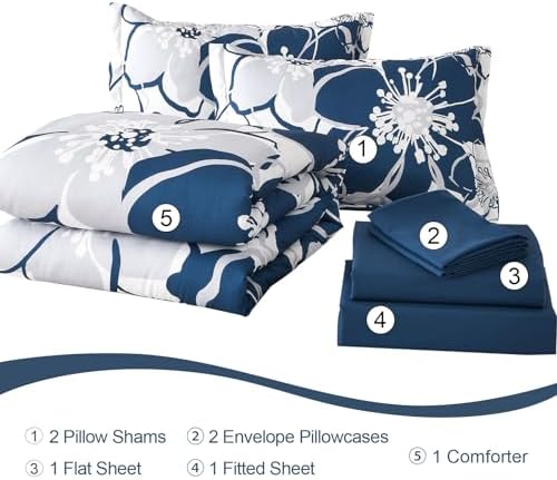 Anibedding Navy Floral Comforter Set Queen Size 7 Piece, Blue Flower Bed in a Bag, Elegant Botanical Floral Comforter Soft Microfiber Complete Bedding Set for All Season, (Navy Blue, 90"x90")