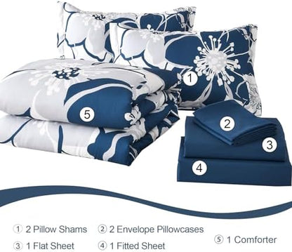 Anibedding Navy Floral Comforter Set Queen Size 7 Piece, Blue Flower Bed in a Bag, Elegant Botanical Floral Comforter Soft Microfiber Complete Bedding Set for All Season, (Navy Blue, 90"x90")