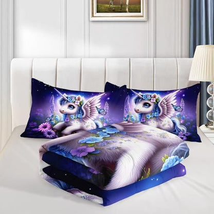 HOSIMA Starry Print Unicorn King Comforter for Kids with 2 Pillowcases.