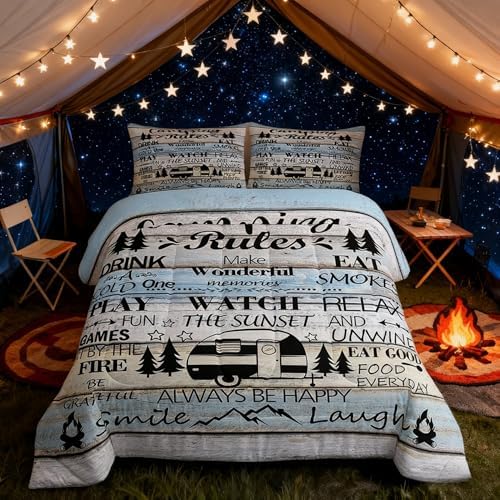 Manfei Rustic Adventure Camper Kids Comforter Set Twin Size,Happy Camping Cabin Lake House Bedding Set,Girls Boys Room Decor,Cottage Wooden Door Quilt Comforter,Country Duvet Insert,1 Pillowcase