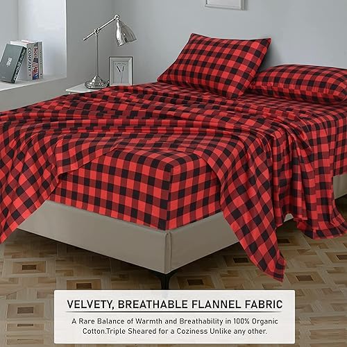 RUVANTI 100% Cotton Flannel Sheets Queen Size, Red & Black Plaid