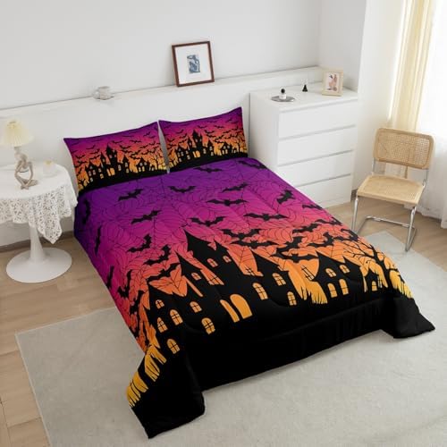 Homewish Castle Silhouette Full Size Comforter Set,Orange Purple Bedding Set for Adults Teens,Children Black Bat Comforter Luxury Halloween Theme Quilt Set Room Decor 3Pcs