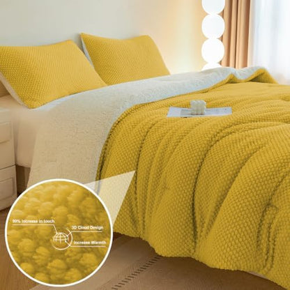 LLanCL 3D Jacquard Design Comforter Set, Ultra-Soft Warm King Size Sherpa Fur Plush 3-Pieces Sets Luxury Cozy Bedding with 2 Pillowcases (104"x90", Mustard Yellow)