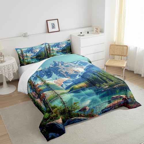 Camping Comforter Set Full Size,Nature Scenery Mountain Duvet Insert 3Pcs,Lake House Woodland Bedding Set for Kids Teens Adults Room Decor,Adventure Theme Microfiber Soft Quilt Set,2 Pillowcases
