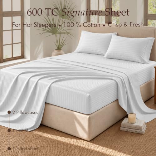 Threadmill 600TC Cotton King Sheet Set, Sateen, Damask Stripe, White