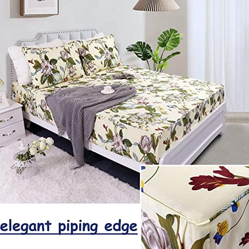 FADFAY Shabby Floral Sheets Full 100% Cotton 600 TC White Flower and Green Leaves Bedding Vintage Garden Botanical Print Country Side Bed Sheet Soft Hypoallergenic Deep Pocket Sheet 17.5''