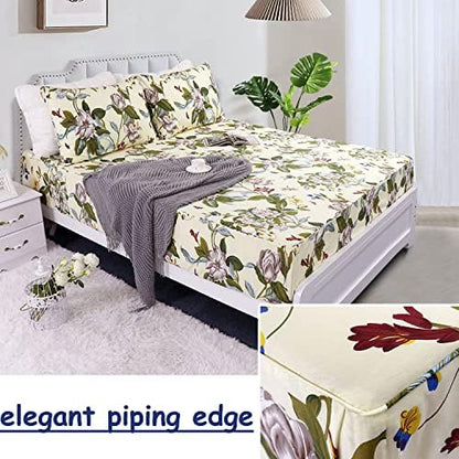 FADFAY Floral Sheets Twin XL 100% Cotton 600 TC White Flower and Green Leaves Bedding Dorm Room Extra Long Bed Sheet Countryside Bed Sheet Soft Hypoallergenic Deep Pocket Sheet 17.5,Beige