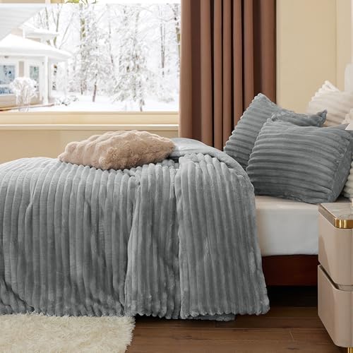 BEDELITE Fleece Twin/Twin XL Comforter Set, Fluffy Bed Set, Light Grey