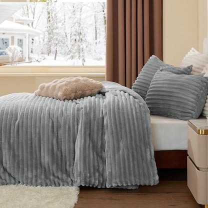 BEDELITE Fleece Twin/Twin XL Comforter Set, Fluffy Bed Set, Light Grey