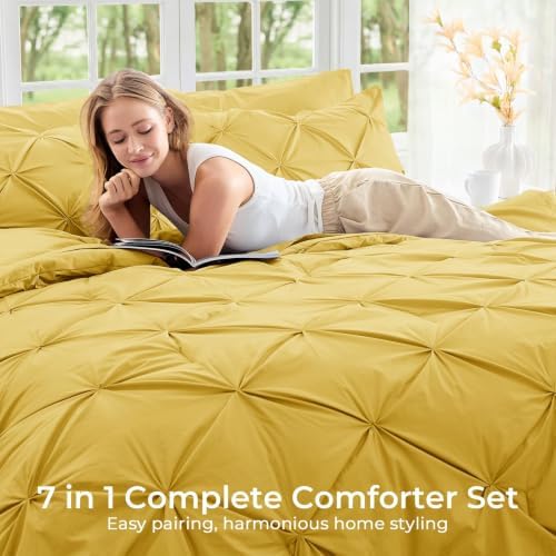 Sasttie King Size Comforter Set, 7-Piece Bed in a Bag, Pintuck Bedding Set for All Season, Includes Comforter, Flat Sheet, Fitted Sheet, Pillowcases and Pillowshams, Mustard Yellow