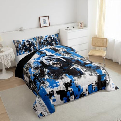 Ape Kids Comforter Set Full Size,Old World Monkey Vintage Jungle Creature Bedding Set,Girls Boys Room Decor,Graffiti Geometric Abstract Artwork Quilt Comforter,Modern Duvet Insert,2 Pillowcases