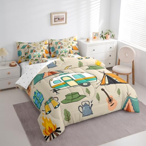 Erosebridal Cartoon Travel RV 7 Pieces Bedding Set King Size,Happy Camping Theme Bed in a Bag,Cartoon Tent Trees Bed Set Includes Comforter,Sheet Set,Pillowcases & Pillow Covers,Camper Bedroom Decor