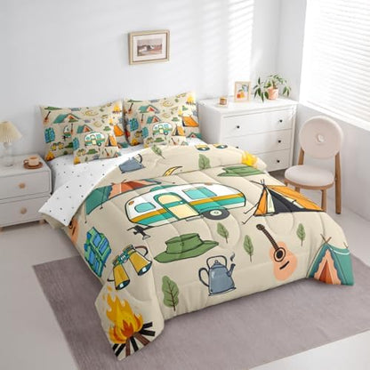 Erosebridal Cartoon Travel RV 7 Pieces Bedding Set King Size,Happy Camping Theme Bed in a Bag,Cartoon Tent Trees Bed Set Includes Comforter,Sheet Set,Pillowcases & Pillow Covers,Camper Bedroom Decor