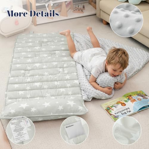 PHF Toddler Nap Mat with Removable Pillow and Minky Blanket, Rollup Design Kids Sleeping Mat, Slumber Bags for Boys Girls, 55"x23" Toddler Sleeping Bag for Daycare Preschool Travel Camping, Stars