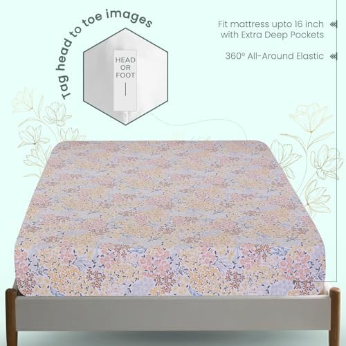 Feather & Stitch Fitted Sheet Only, 100% Cotton 300TC Lightweight Cooling & Breathable Percale Weave Fitted Sheet 16" Regular Elastic Deep Pocket Soft Bedding Mattress (Queen, Victorian Floral)