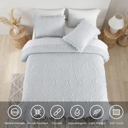 Light Blue Ruffled Quilt Queen Size, Stone-Washed Microfiber Lightweight Crinkled Farmhouse Rustic Shabby Chic Bedding Set, 3 Pieces Reversible Bedspread Coverlet with Pillow Shams for All Season