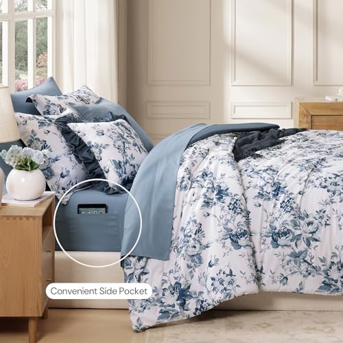 BLOOMHAVEN Oversized King Comforter Sets-7 Pieces Blue Floral Bed in a Bag