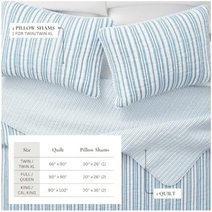 Great Bay Home Striped Quilt Set - 3-Piece Full/Queen Size Spring Bedding Set - Lightweight, All-Season, Reversible Bedspread (Blue)