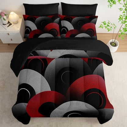 7 Piece Black and Red King Comforter Set Geometric Pattern，Geometric Bedding Set Boys，Geometric Bedroom Decor，(1 Comforter, 1 Flat Sheet, 1 Fitted Sheet, 2 Pillowcase and 2 Pillow Sham)